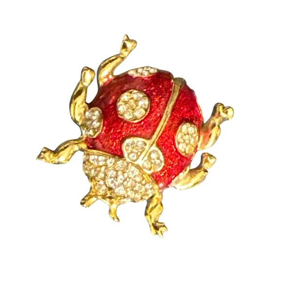 Vintage Ladybug Brooch Pin With Red & Gold Enamel Detailing And Rhinestone Accen - Picture 2 of 4